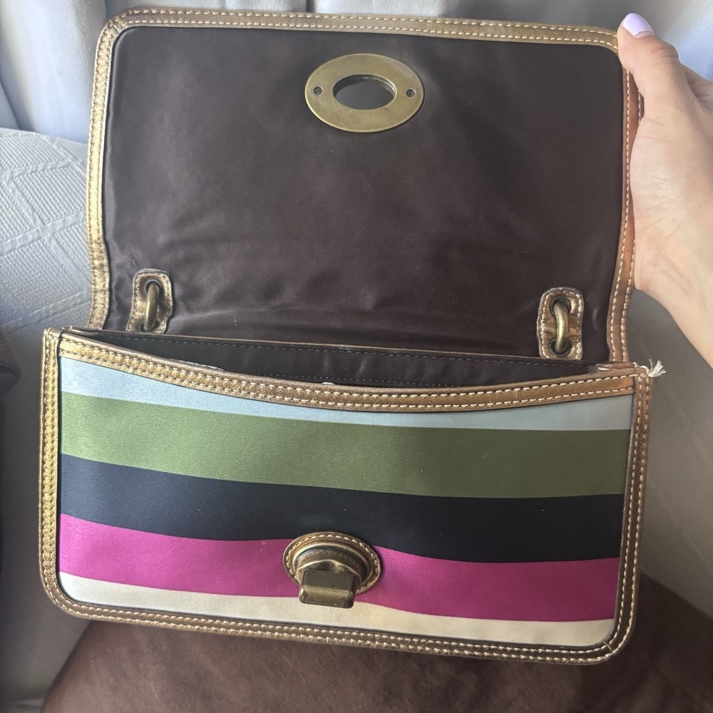 Vtg Coach Multicolor Stripped Satin Bronze Limited Edition Turnlock Handbag - Picture 4 of 9